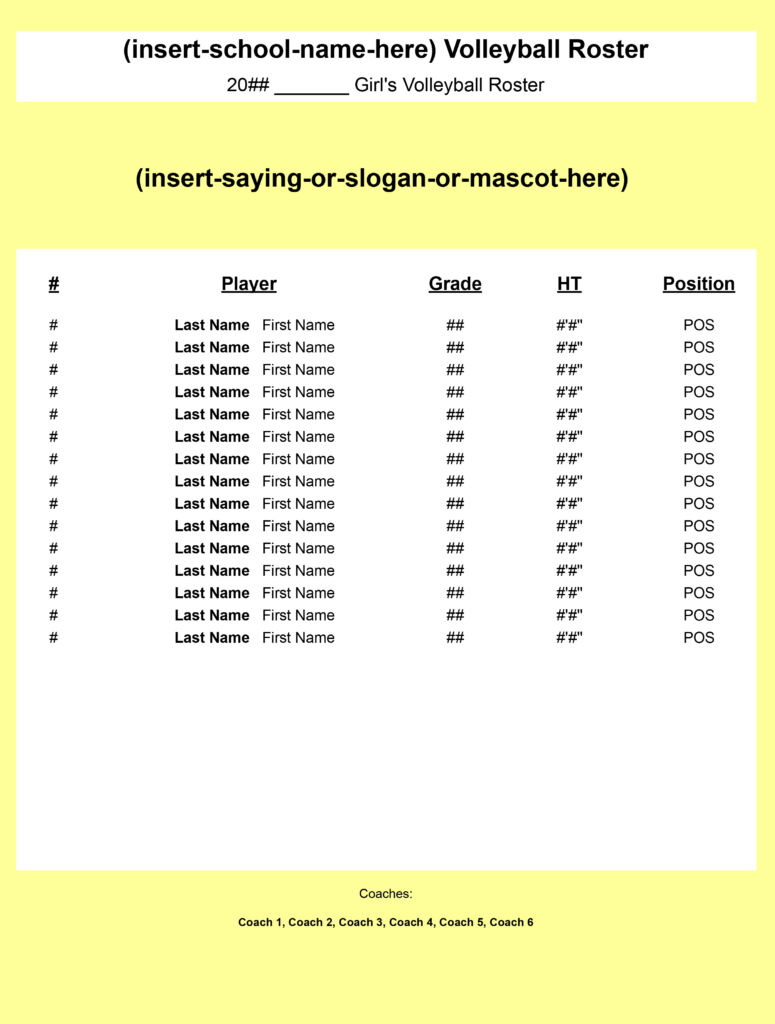 NFHS High School Volleyball Roster Sheet Download Free